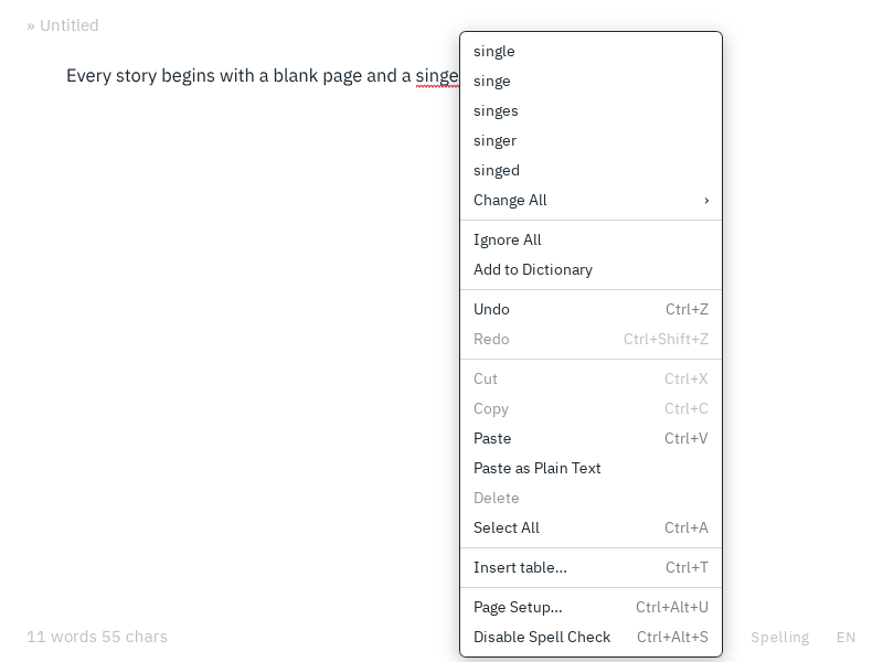 A misspelled word underlined in red, with the menu of suggestions open below it